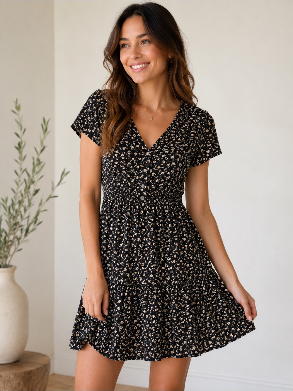 320. Böhme Floral Button Front Mini Dress Cottagecore Boho Flutter Sleeve Small